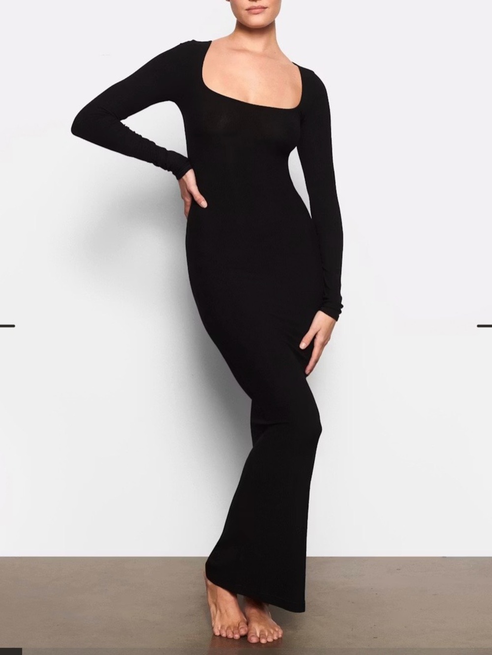 SKIMS Black Long-Sleeve Square-Neck Maxi Dress
